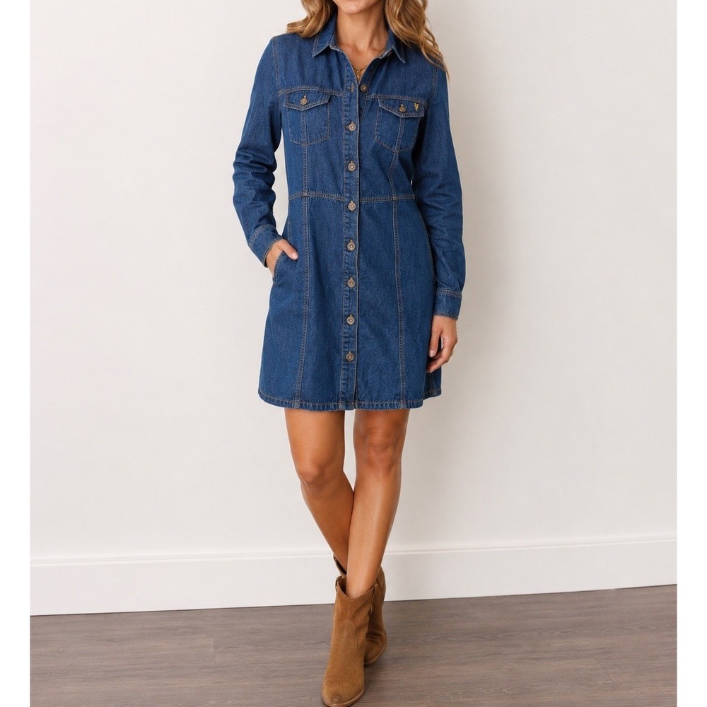 Frye Denim Shirt Dress Womens L Blue Western Button Front Long Sleeve Cotton